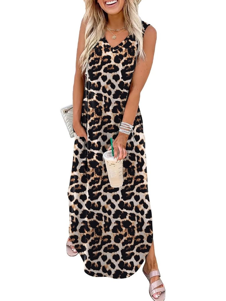 Women's Leopard Print Summer Maxi Dress Beach Sundress With Pocket